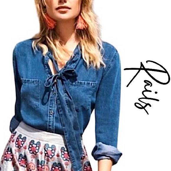 Rails Anthropologie Rosalee Chambray Tie Neck Denim Button Down Blouse Sz S EUC! - Picture 1 of 15